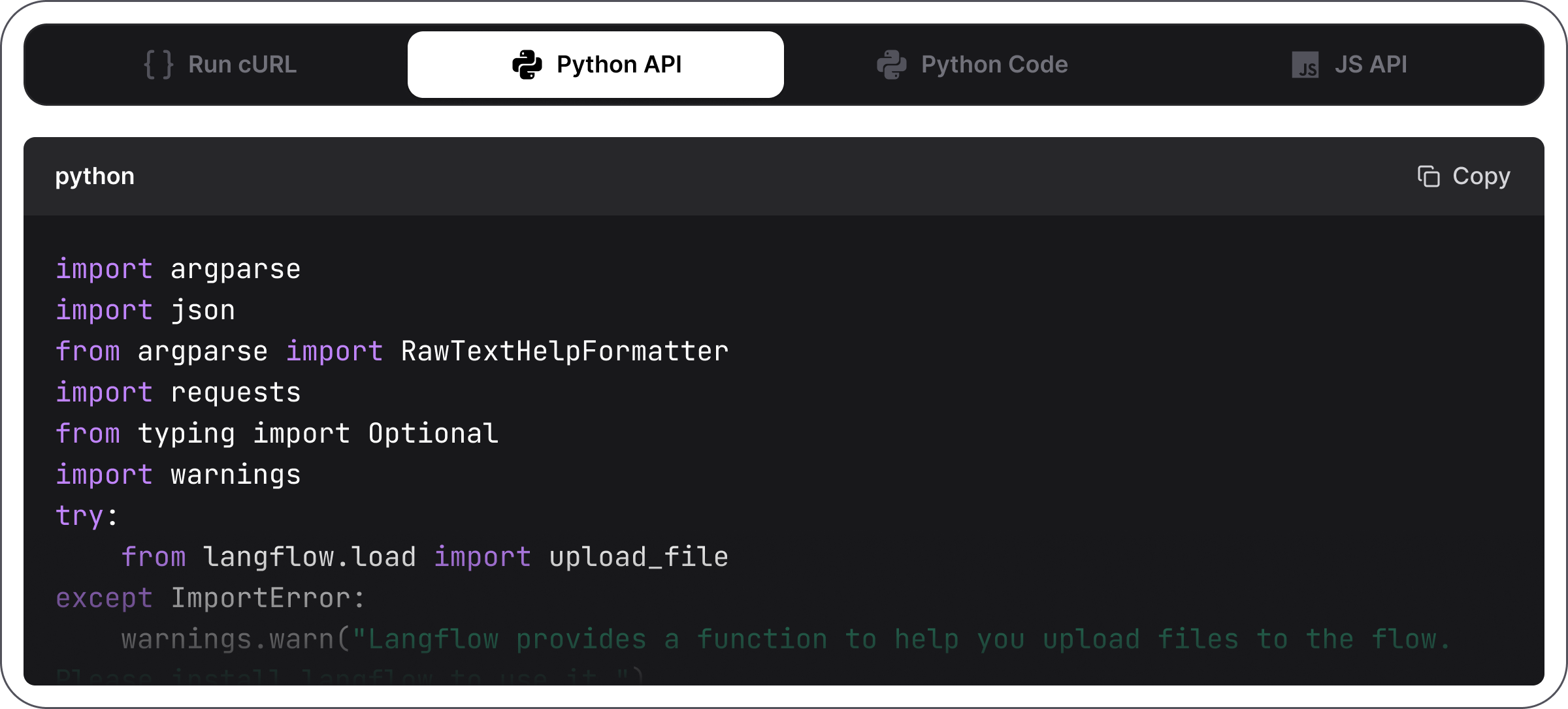 Langflow's 'flow as API' export dialog showing Python API code under tabs labelled Run cURL, Python API, Python Code and JS API