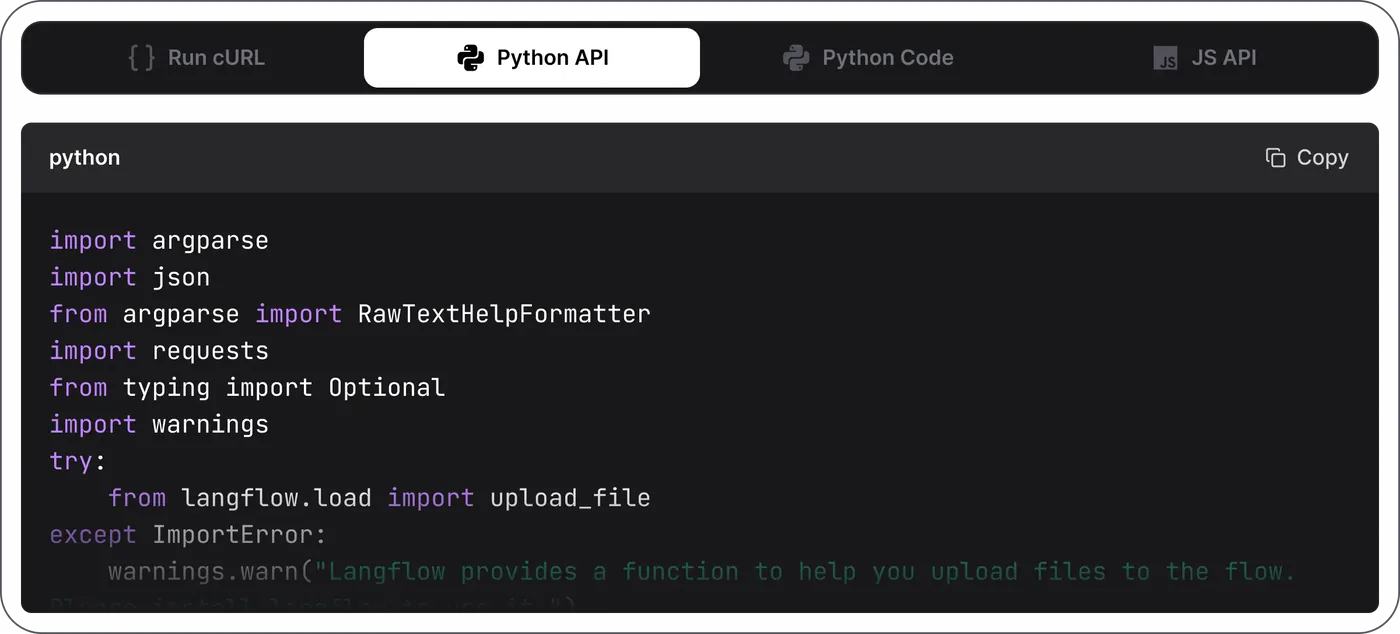Langflow's 'flow as API' export dialog showing Python API code under tabs labelled Run cURL, Python API, Python Code and JS API