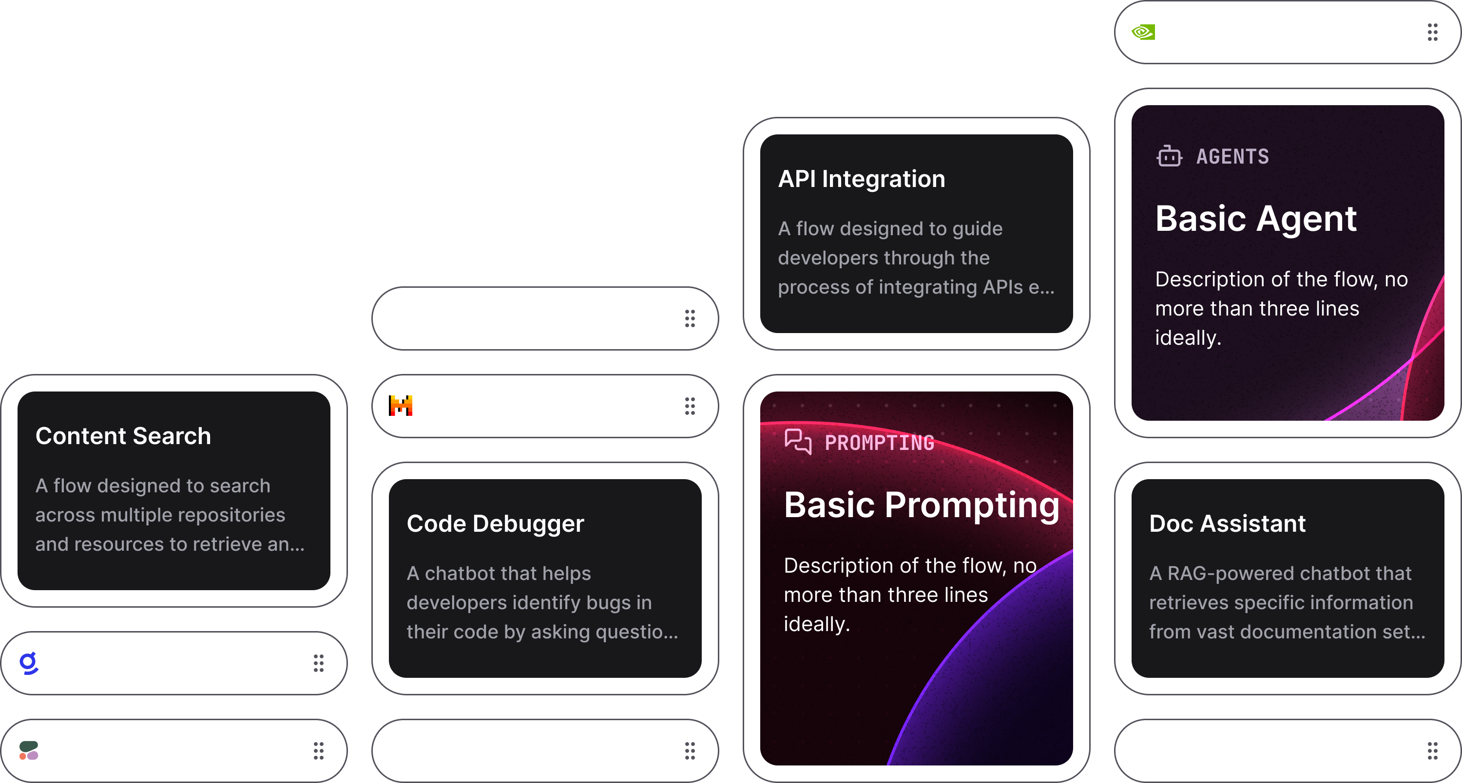 Langflow's template gallery showing cards for Content Search, Code Debugger, Basic Prompting, Basic Agent and Doc Assistant, with a provider sidebar listing Anthropic, MistralAI, Langchain, Glean, Cohere, OpenAI and NVIDIA