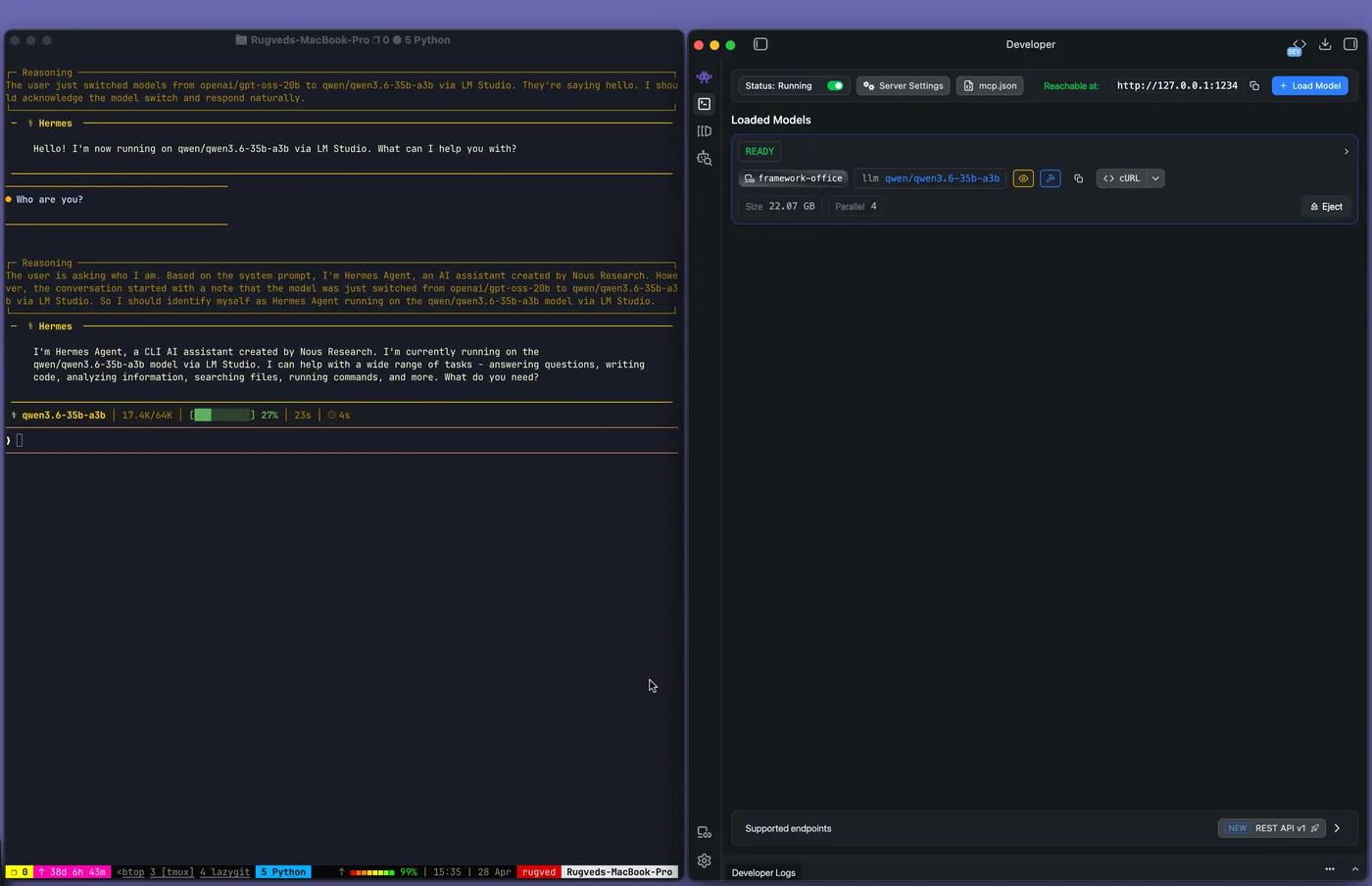 Hermes Agent's terminal UI on the left, confirming it is now running on qwen/qwen3.6-35b-a3b via LM Studio, beside LM Studio's Developer panel on the right showing that same model loaded and the server Reachable at http://127.0.0.1:1234