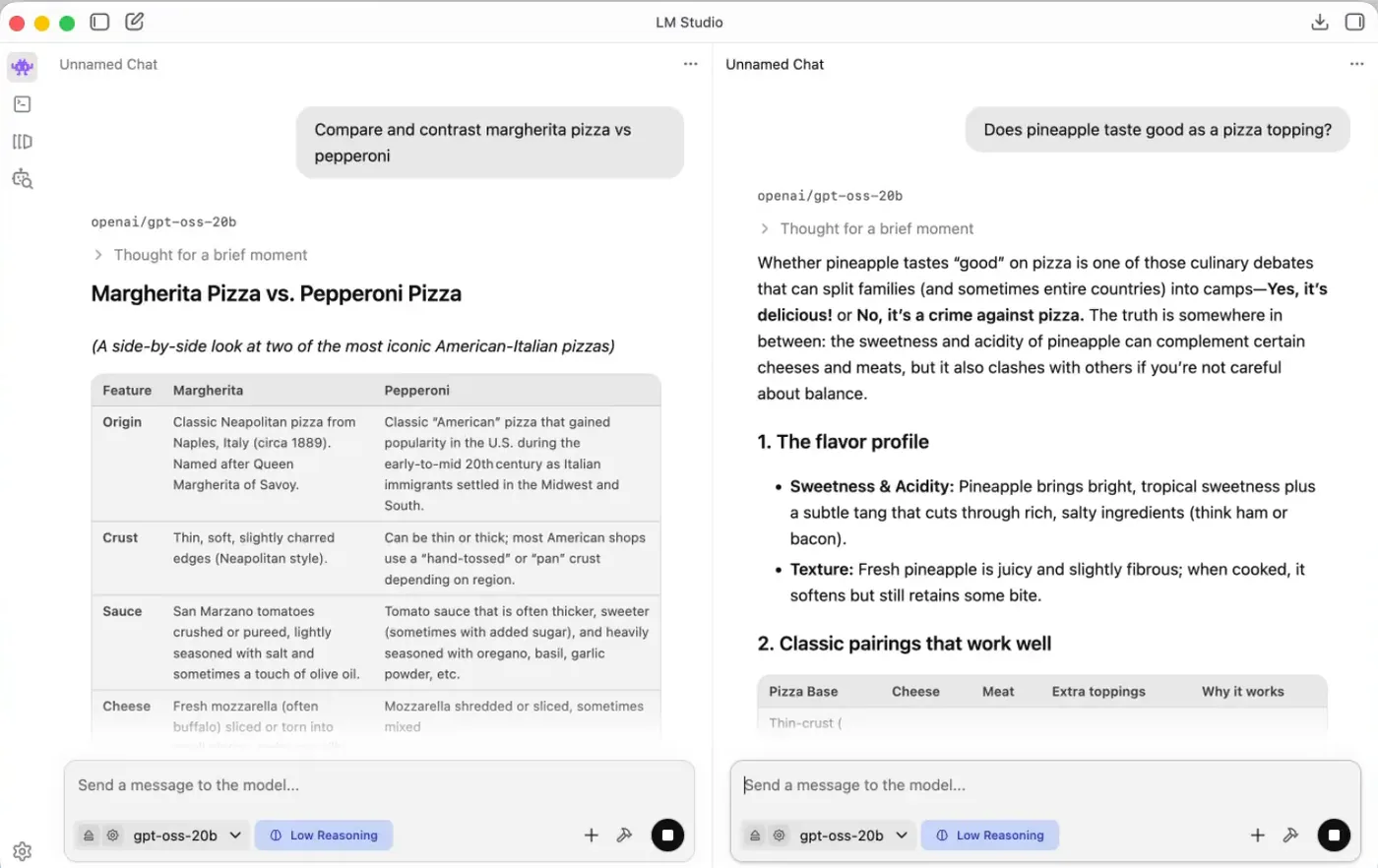LM Studio's Split View: two independent chat panes side by side, each with its own model dropdown (openai/gpt-oss-20b) and prompt box, mid-response to two different questions.