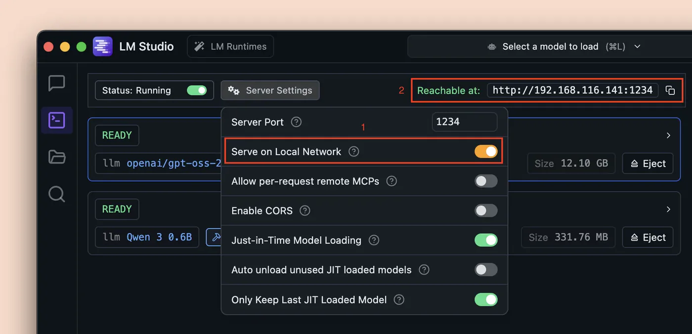 LM Studio's Server Settings panel with 'Serve on Local Network' toggled on, showing the instance reachable at http://192.168.116.141:1234