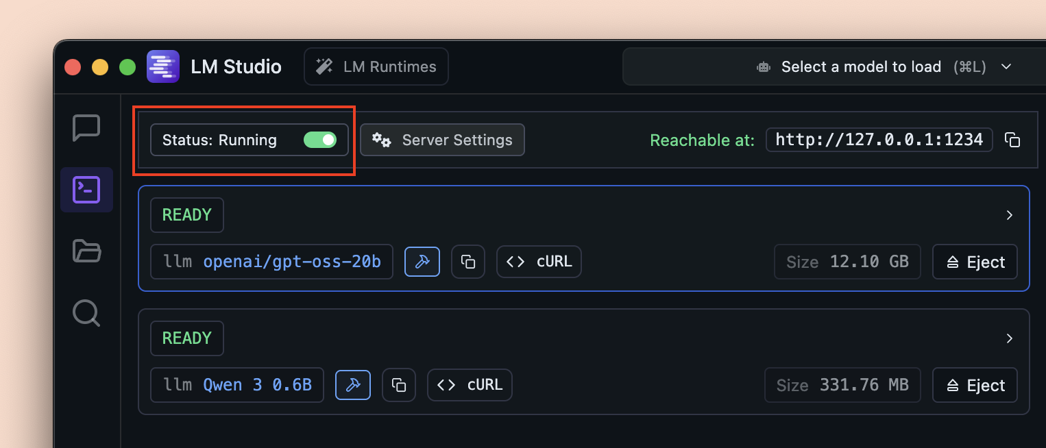 LM Studio's Developer tab showing 'Status: Running', reachable at http://127.0.0.1:1234, with two loaded models (openai/gpt-oss-20b and Qwen 3 0.6B) each with a cURL button
