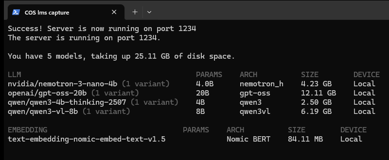 A terminal after running lms server start: the line "Success! Server is now running on port 1234", the status check confirming it, and lms ls listing five local models with their parameter counts, architectures and sizes.