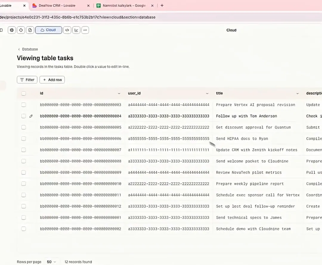 Lovable Cloud's database view showing the tasks table with id, user_id, and title columns populated with rows