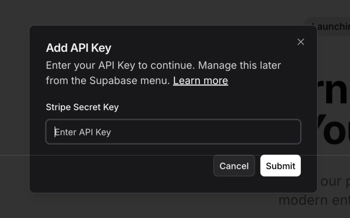 Lovable's Add API Key dialog prompting for a Stripe Secret Key to connect the integration
