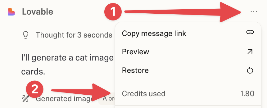 A Lovable chat message's menu showing Restore and the credits it used