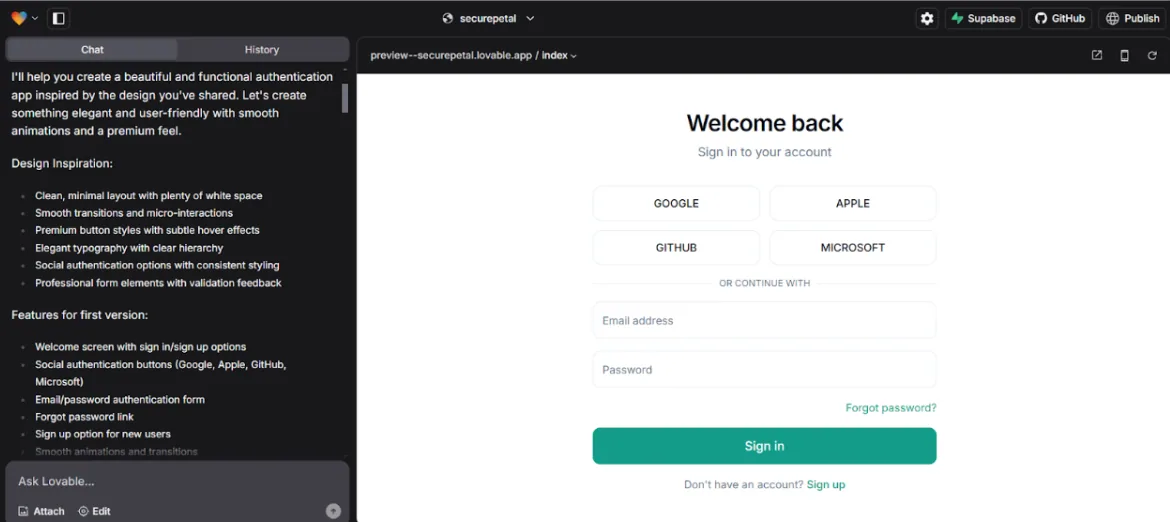 Lovable editor showing a chat conversation about building an authentication app, with a live preview of a 'Welcome back' login screen offering Google, Apple, GitHub and Microsoft sign-in plus email/password fields.