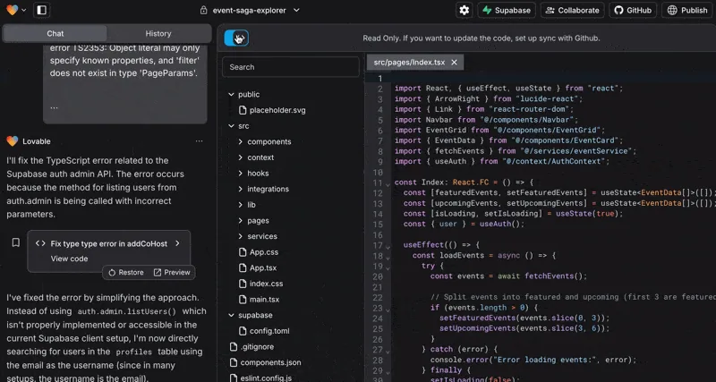 Lovable's Code mode open on a project, showing a file tree (public/, src/components, src/context, src/pages, …) and the contents of src/pages/Index.tsx, with a banner reading 'Read Only. If you want to update the code, set up sync with GitHub.'