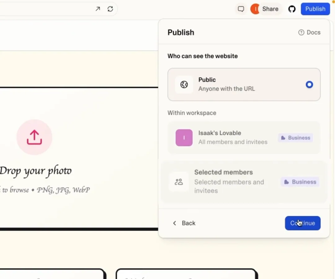 Lovable's Publish dialog showing the 'Who can see the website' setting with Public selected, plus workspace-restricted options requiring a Business plan