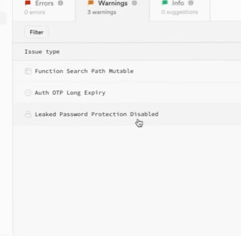 Lovable's Security Advisor showing 0 errors and 3 warnings, with an issue list including Function Search Path Mutable, Auth OTP Long Expiry, and Leaked Password Protection Disabled