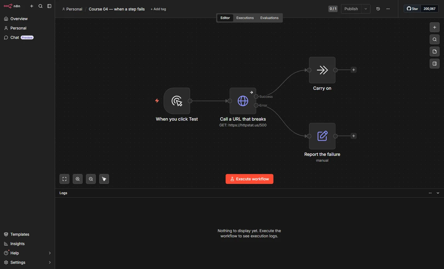 n8n canvas: When you click Test, Call a URL that breaks with Success and Error outputs, Carry on, Report the failure