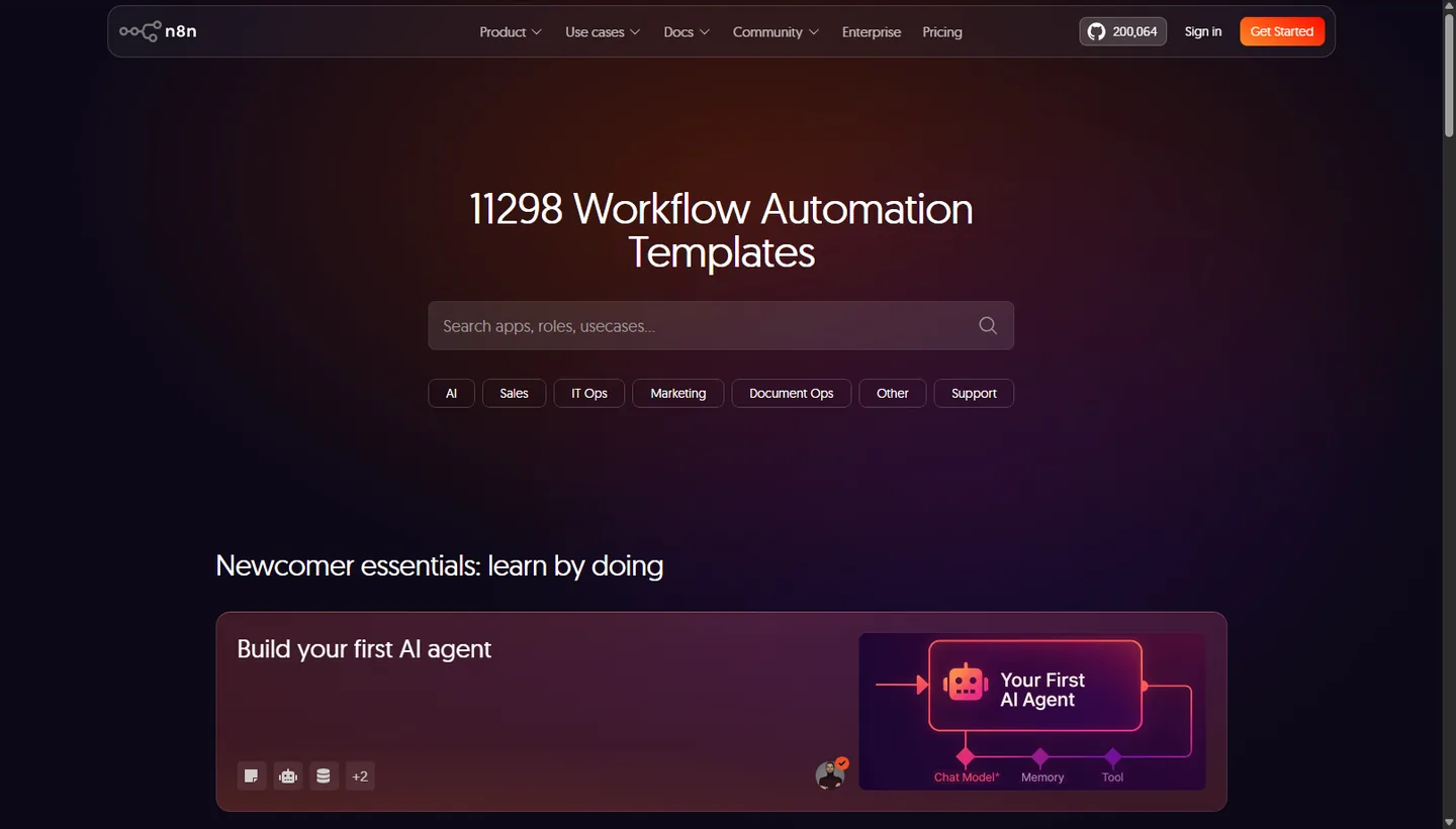 n8n.io template gallery: "11298 Workflow Automation Templates" with a search box, category filters, and a "Build your first AI agent" card