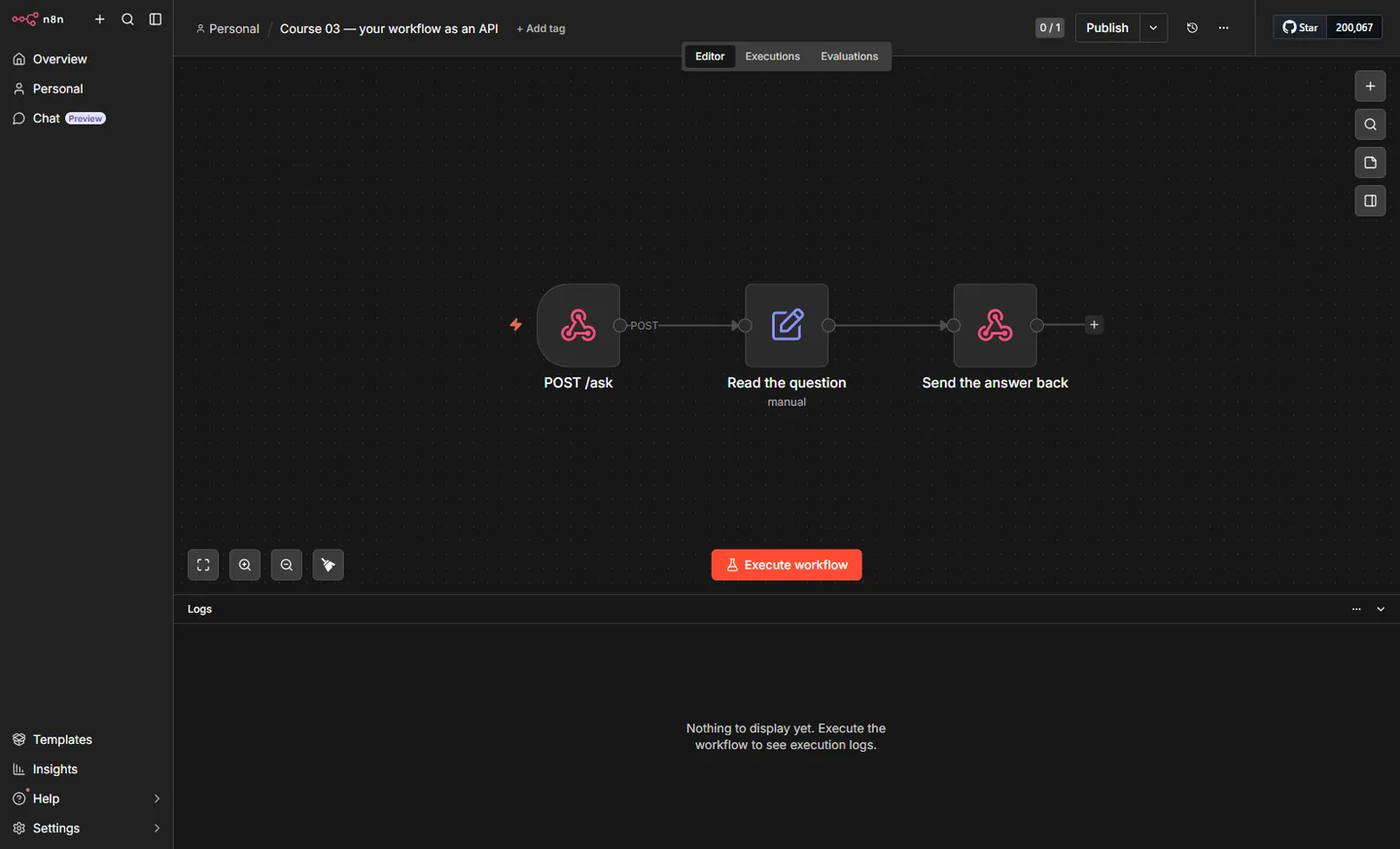n8n canvas: POST /ask webhook node, Read the question, Send the answer back