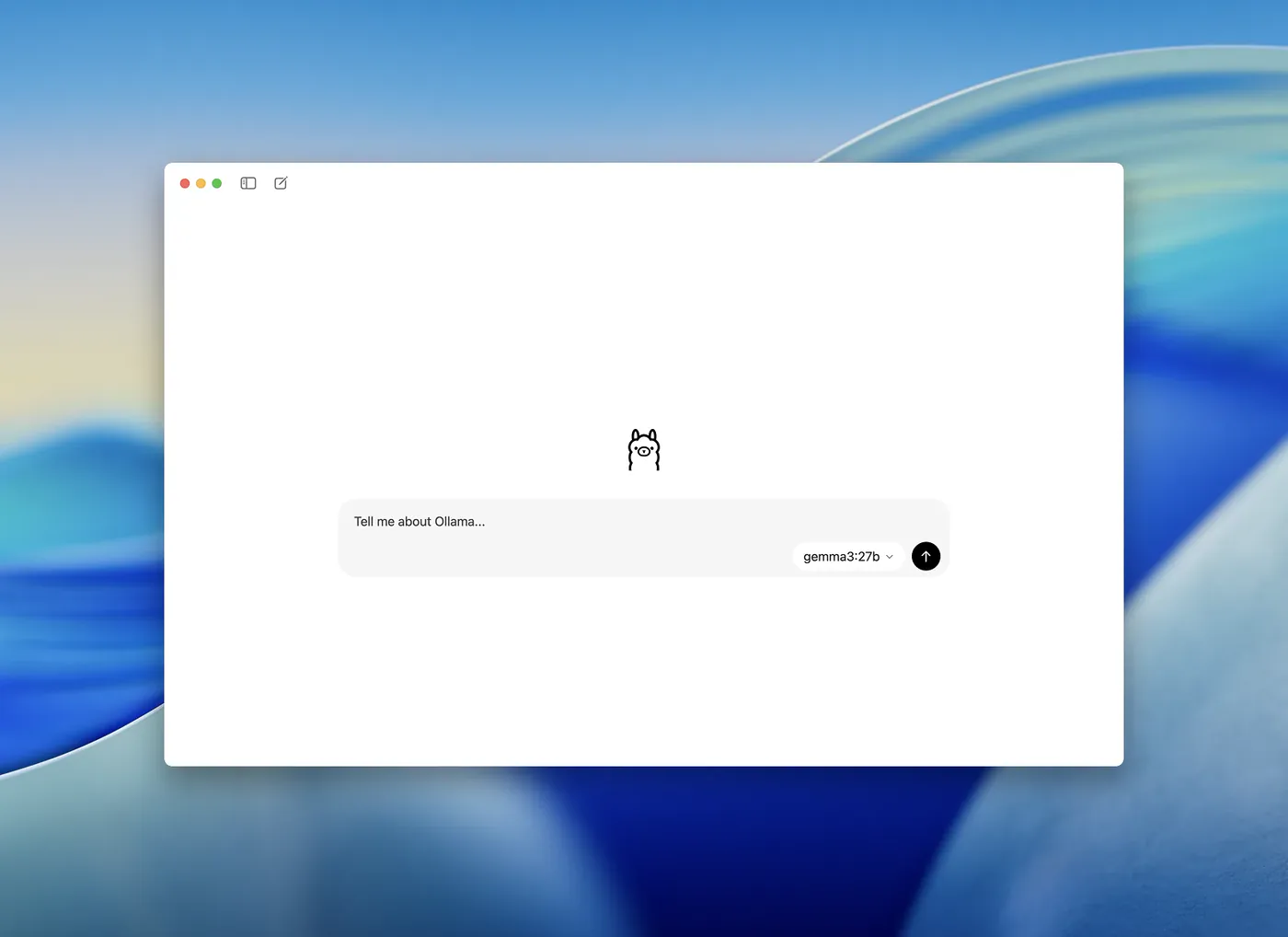 Ollama's native desktop app: an empty chat window with the Ollama llama mascot, a model selector reading 'gemma3:27b', and a prompt box reading 'Tell me about Ollama...'