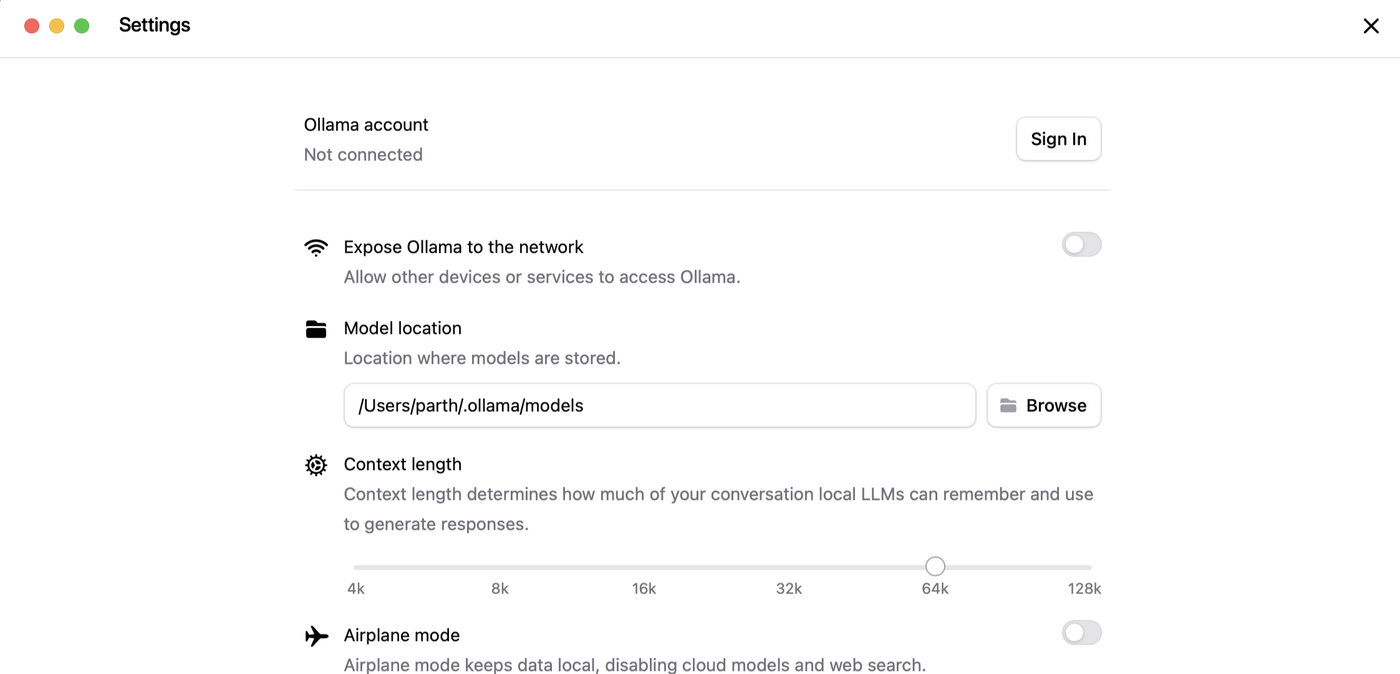 Ollama desktop app Settings panel with an "Expose Ollama to the network" toggle ("Allow other devices or services to access Ollama"), plus Model location, Context length, and Airplane mode controls.
