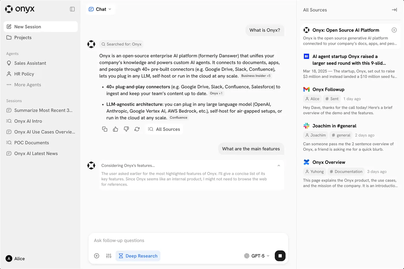 The Onyx chat interface: an answer with inline source citations, an All Sources panel listing Google Drive, Gmail and Slack results, and custom agents in the sidebar