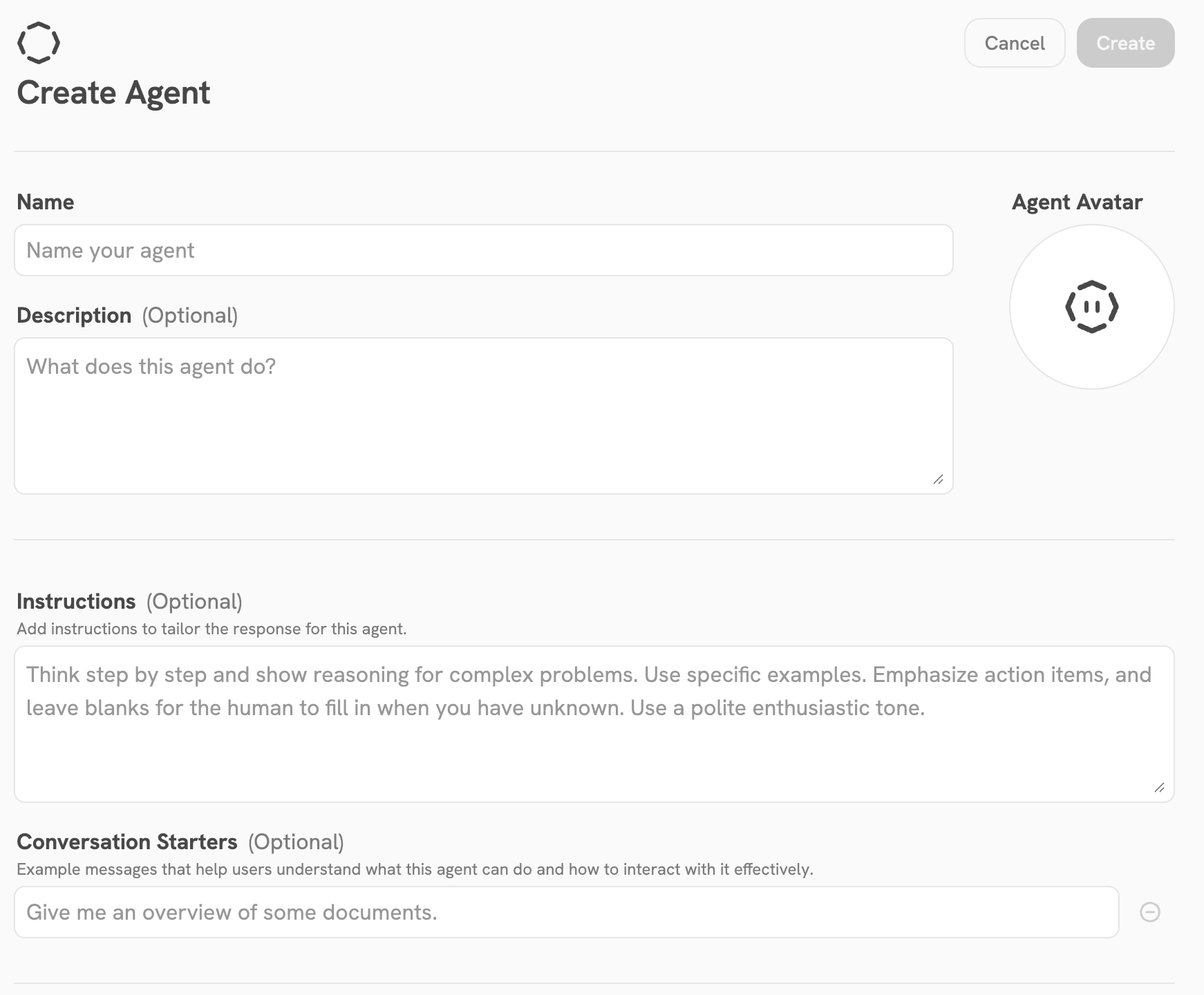 Onyx 'Create Agent' form with fields for Name, Description, Instructions and Conversation Starters, plus an agent avatar