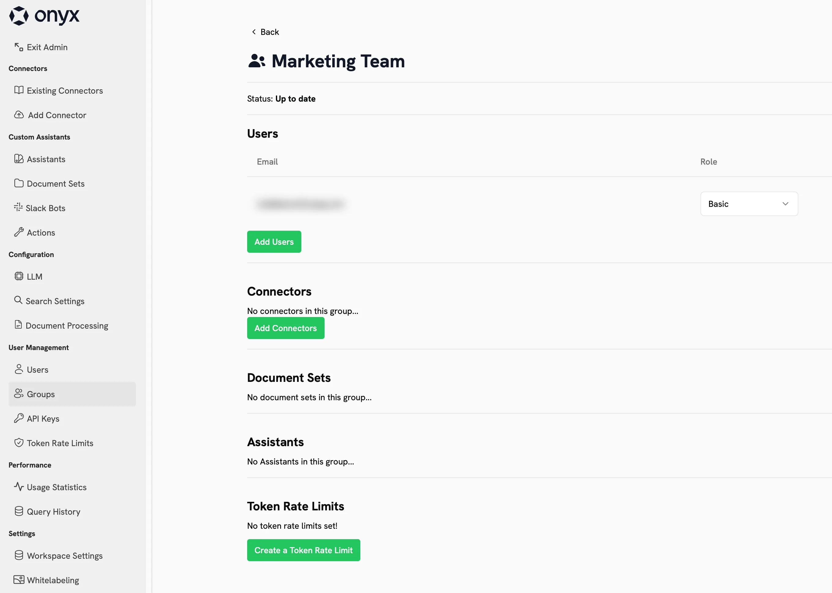Onyx admin group page for a 'Marketing Team' showing members with roles, and sections for Connectors, Document Sets and Token Rate Limits