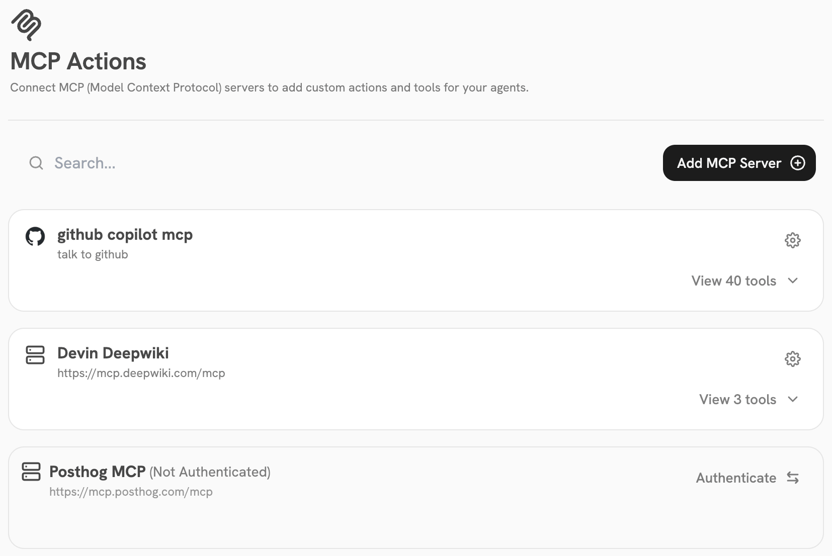 Onyx 'MCP Actions' admin screen listing connected MCP servers (GitHub, Deepwiki, PostHog) with an 'Add MCP Server' button