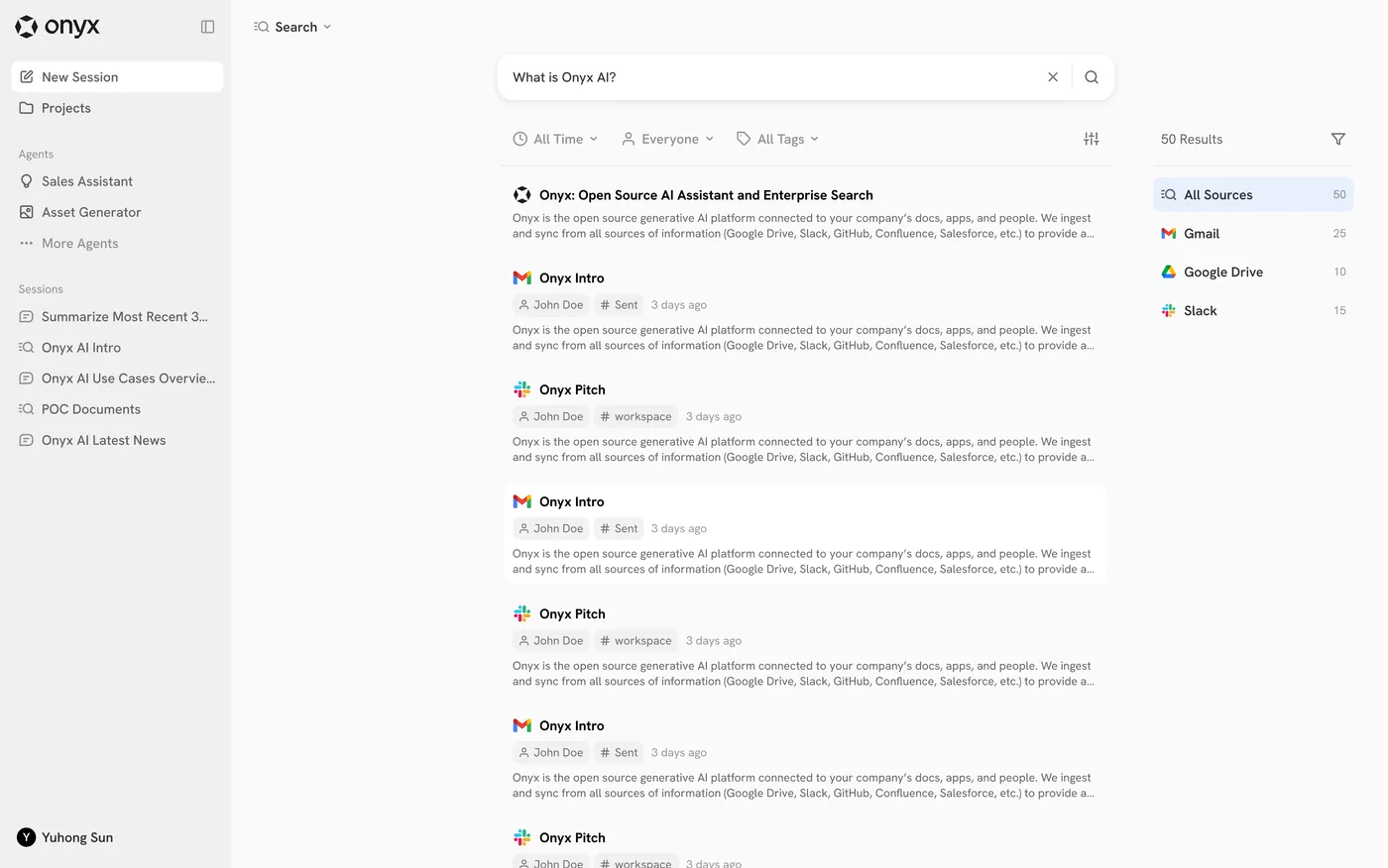 Onyx search results for a question, with a synthesised answer and a list of cited sources across Gmail, Google Drive and Slack