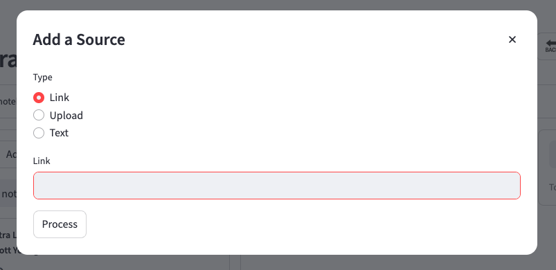 Open Notebook add source dialog showing options for PDF, web page, audio, and video upload
