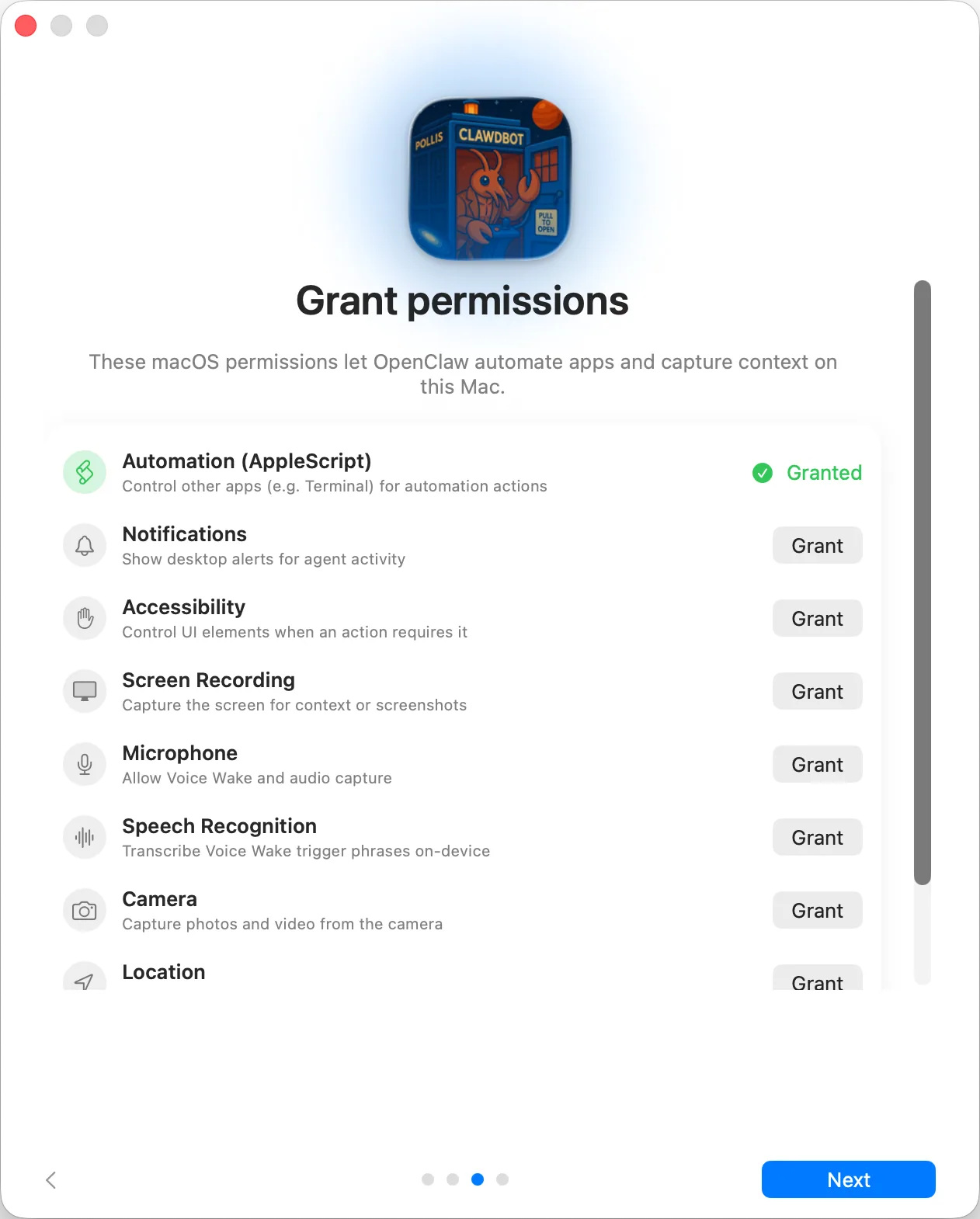 OpenClaw's macOS onboarding 'Grant permissions' screen listing Automation (AppleScript, to control apps like Terminal) already granted, plus Notifications, Accessibility, Screen Recording, Microphone, Speech Recognition, Camera and Location each with a Grant button