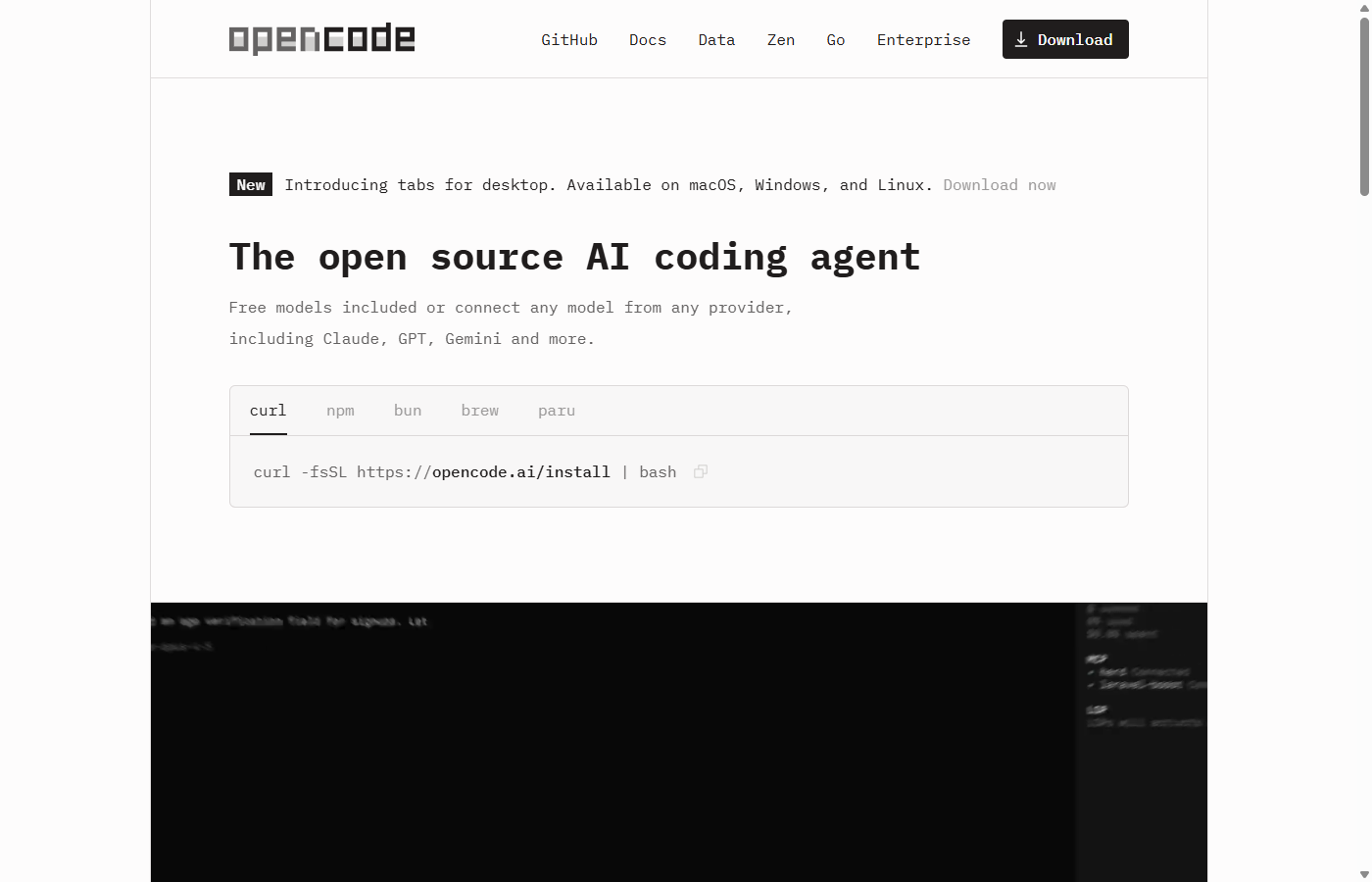 The opencode.ai homepage, the open-source terminal agent this voice layer controls