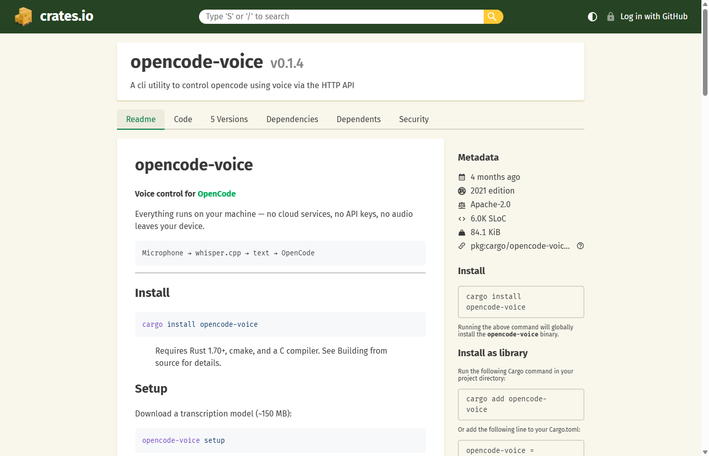 The opencode-voice CLI package page showing cargo install instructions and the Microphone to whisper.cpp to text to OpenCode pipeline