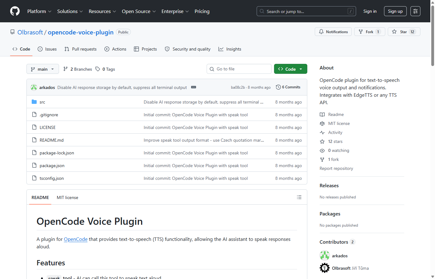 The opencode-voice-plugin GitHub repository page, showing the plugin's speak tool and setup instructions