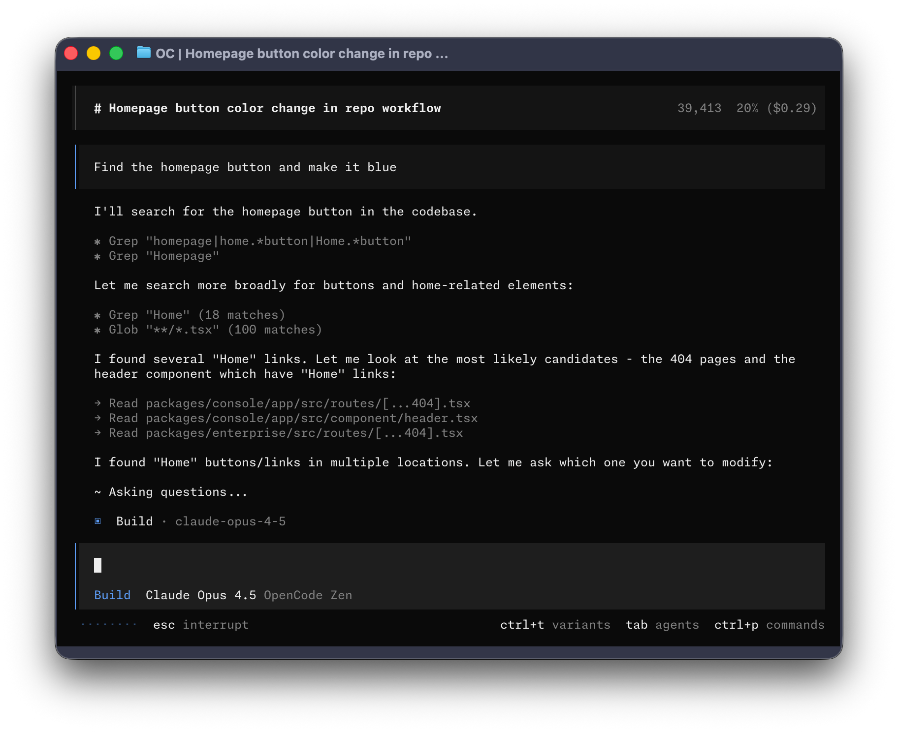 The opencode terminal UI running a coding session, with a session title, the agent's Grep/Glob/Read tool calls, a token count, and a 'Build · Claude Opus' status bar