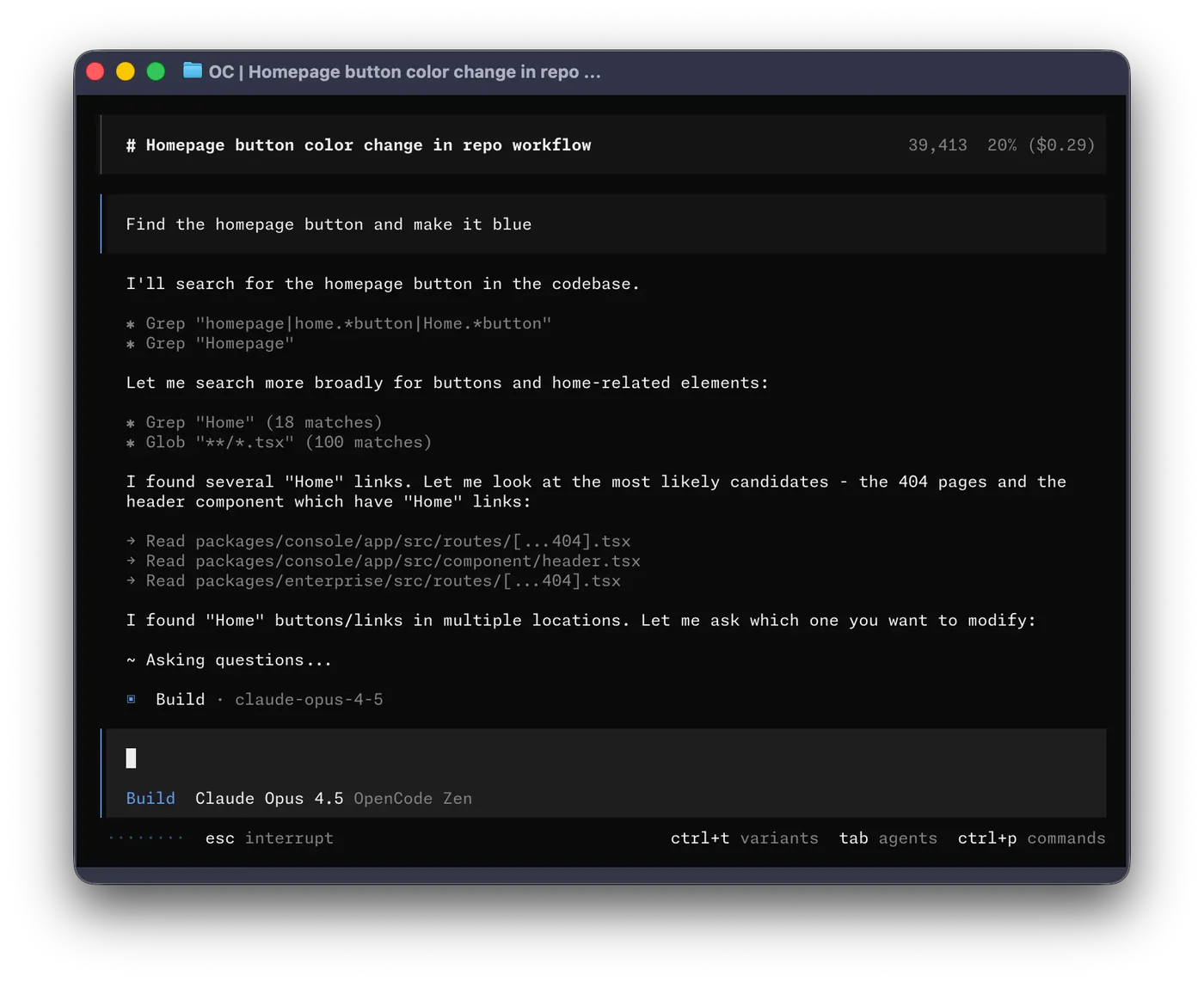 The opencode terminal UI running a coding session, with a session title, the agent's Grep/Glob/Read tool calls, a token count, and a 'Build · Claude Opus' status bar