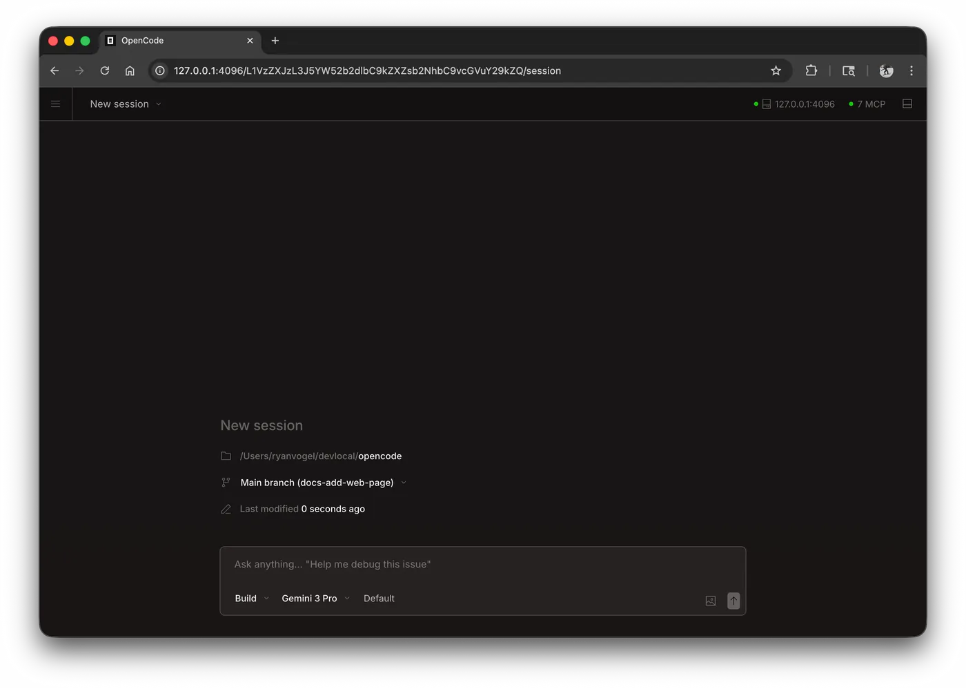 opencode's New Session screen (web interface) showing the project path, git branch, a prompt box, a 'Build' mode selector, and a model picker set to 'Gemini 3 Pro'