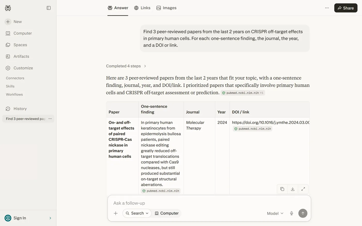A Perplexity answer to a tightly-scoped query, laid out as a table with columns Paper, One-sentence finding, Journal, Year and DOI/link — each row carrying a source badge such as pubmed.ncbi.nlm.nih