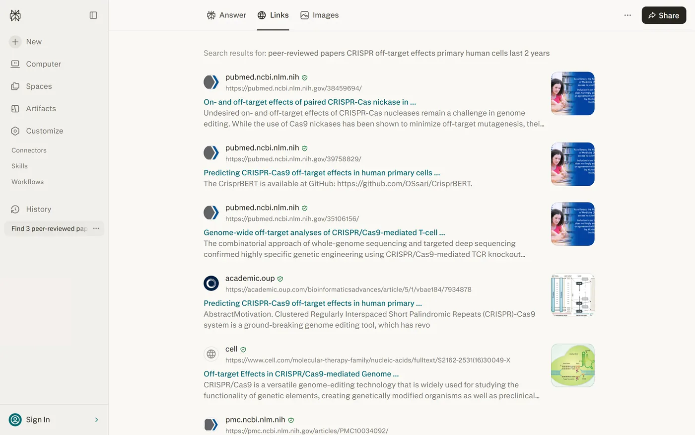 Perplexity's Links tab for an answer, listing each web source with its domain (pubmed.ncbi.nlm.nih, academic.oup, cell), a verified badge, the full URL, the article title and a short snippet