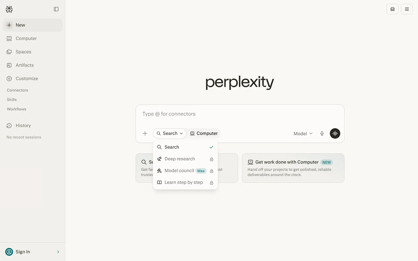 The Perplexity search box with its mode menu open, listing Search (selected), Deep research, Model council and Learn step by step — the deeper modes marked with a lock on the free plan