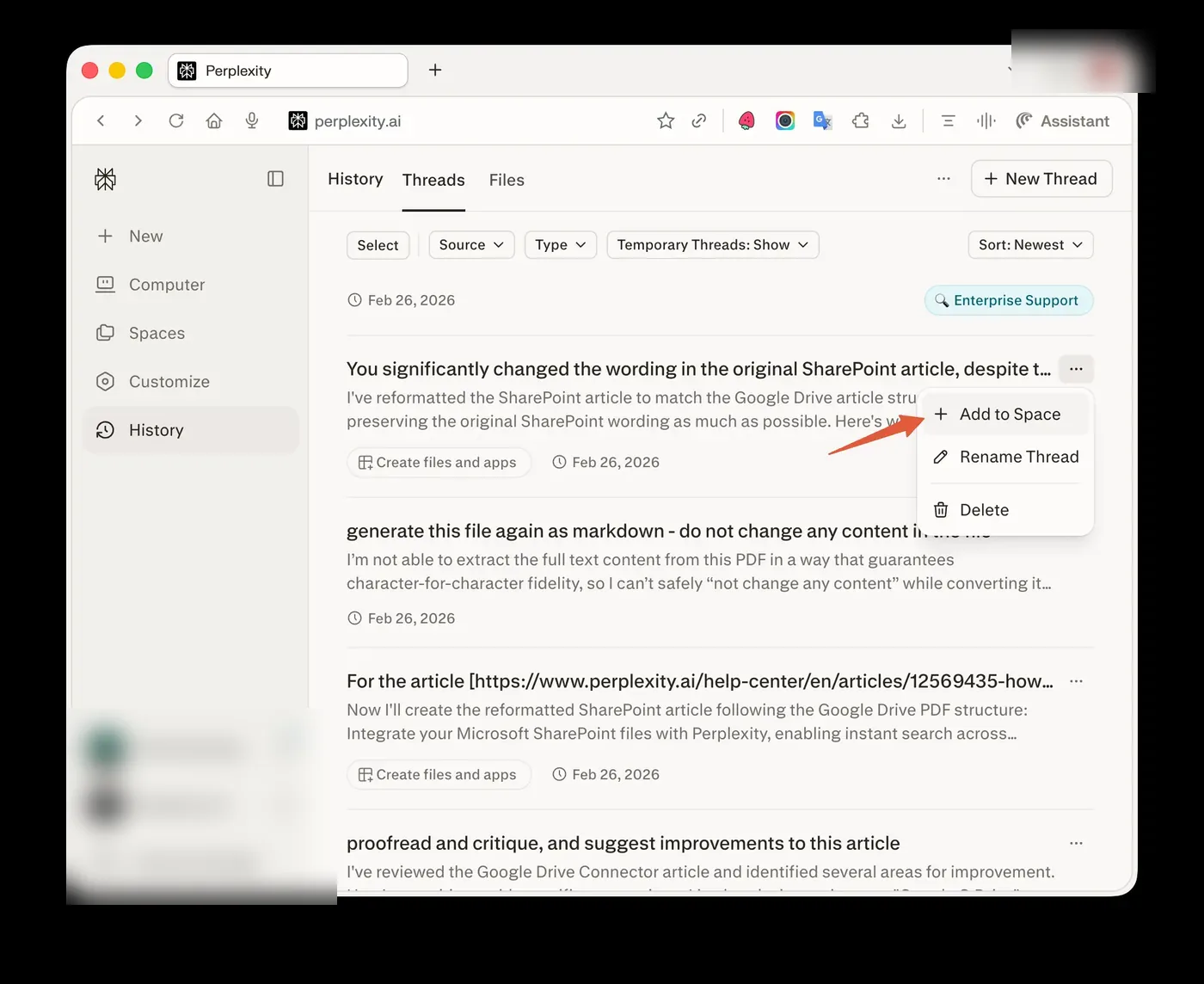 The Perplexity web app with the left sidebar (New, Computer, Spaces, Customize, History), a thread list, and a thread's context menu open showing 'Add to Space', 'Rename Thread', and 'Delete'