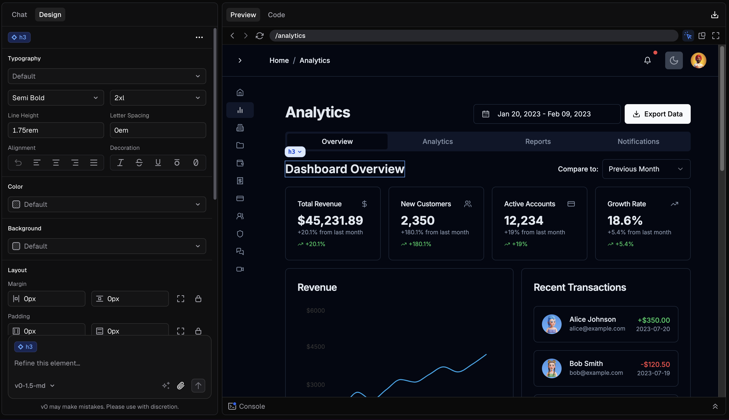 v0's Design Mode with an element selected, the styling panel on the left and the live preview on the right