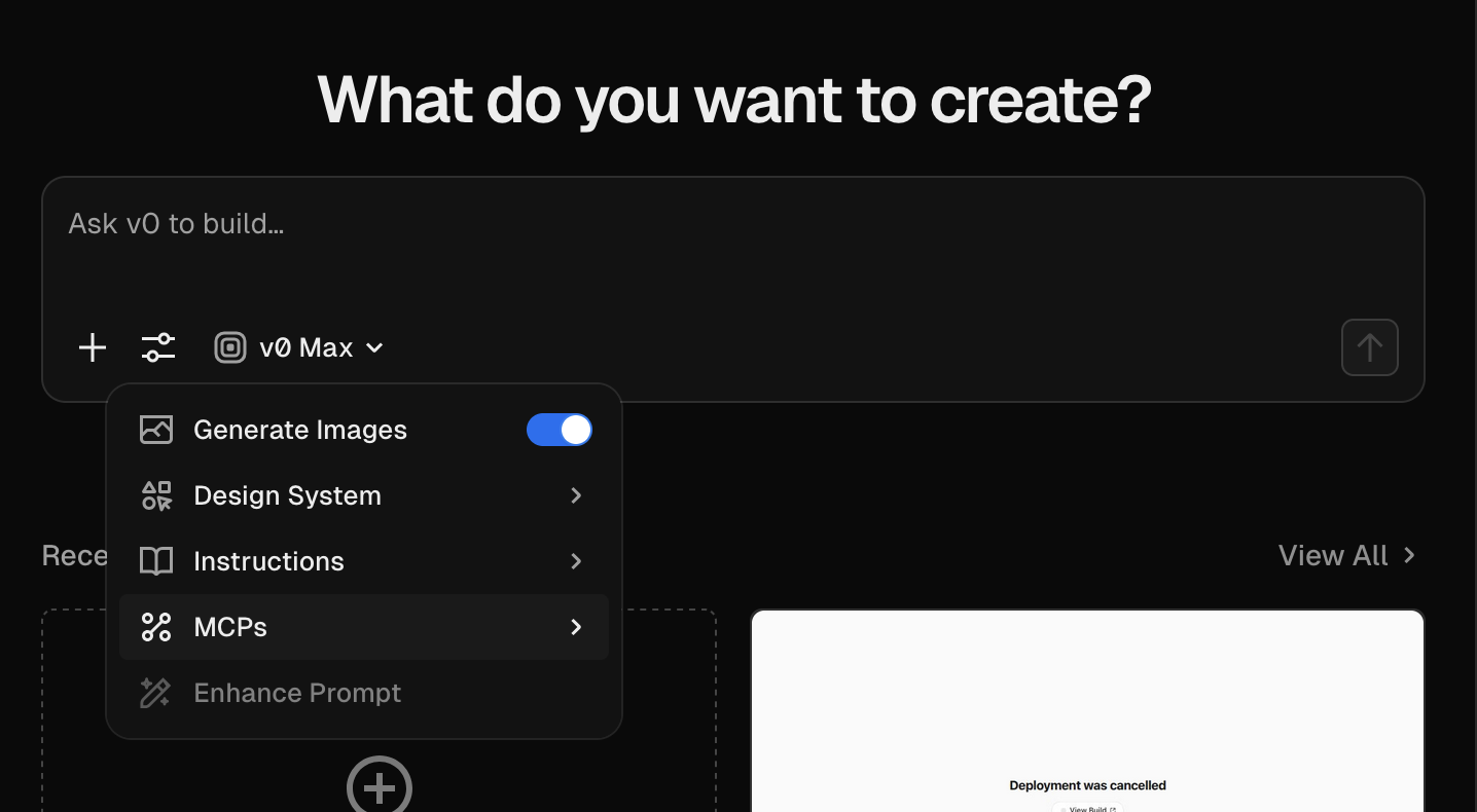 v0 prompt-form menu showing Generate Images, Design System, Instructions, MCPs and Enhance Prompt