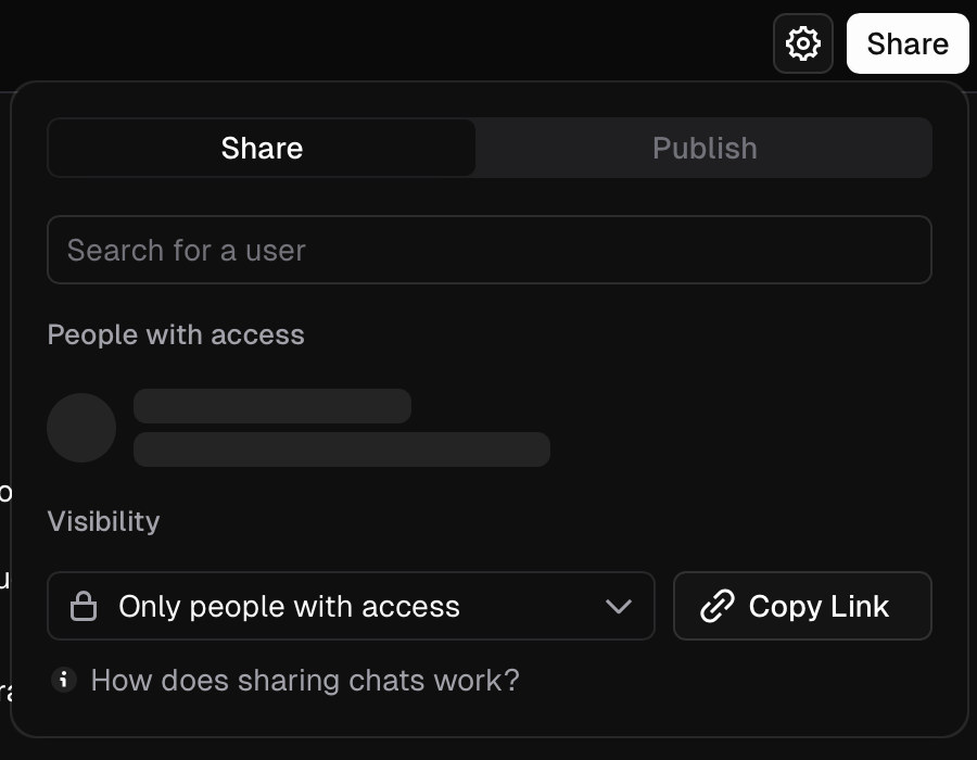 v0's Share dialog with the Publish tab — deploy to production and manage the domain