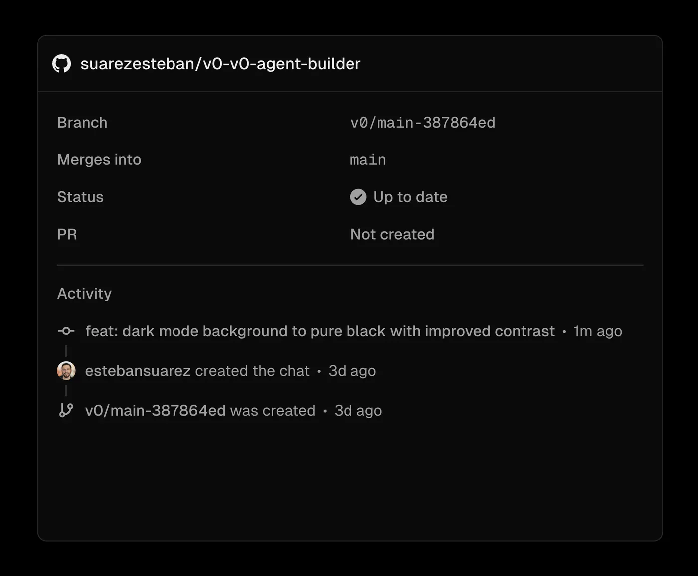 v0's GitHub status card showing a branch off main, merge target, PR status and recent commit activity