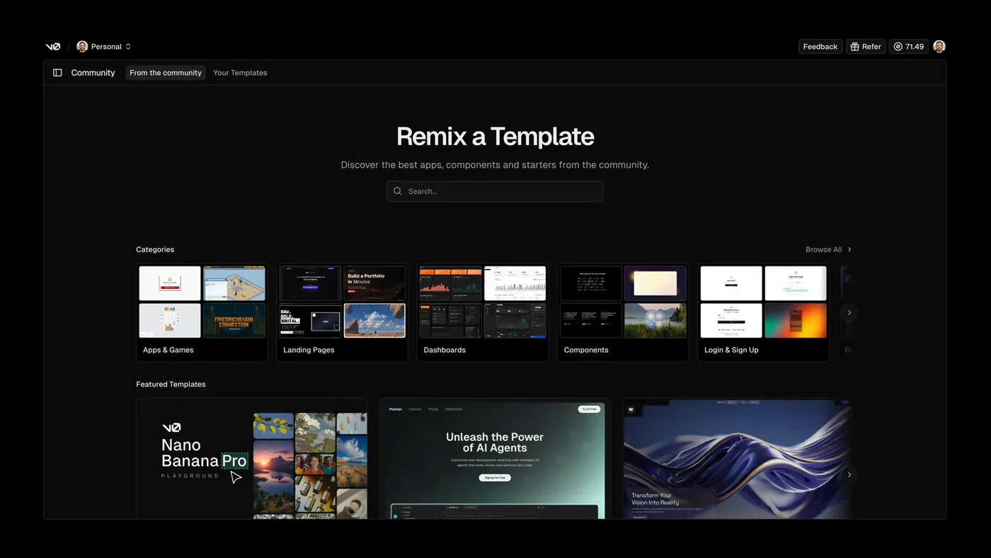 v0's Remix a Template gallery with category tiles and featured community templates