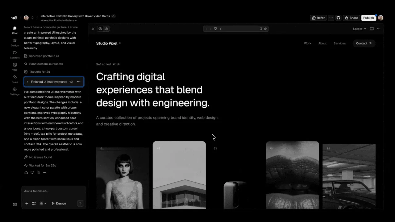The v0 workspace: a chat panel on the left with a build summary ('Finished UI improvements v2'), and a live preview on the right of a generated portfolio site ('Studio Pixel') with preview/code toggle icons, a version dropdown, and Share/Publish buttons in the top bar.
