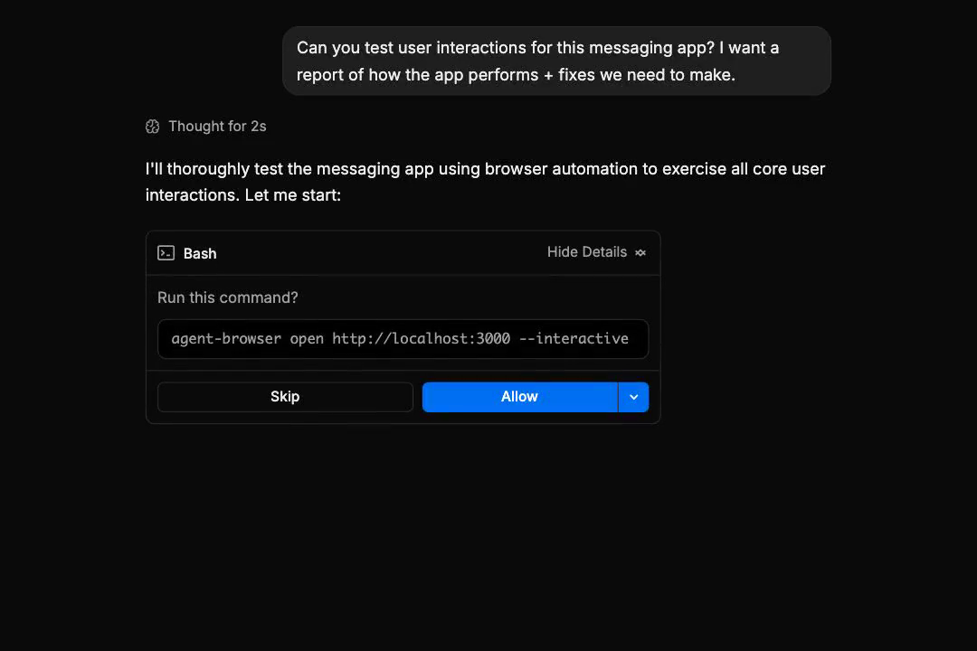v0 chat showing a user request to test a messaging app's interactions, v0's reply 'I'll thoroughly test the messaging app using browser automation...', and a Bash tool-call card asking to run 'agent-browser open http://localhost:3000 --interactive' with Skip and Allow buttons.