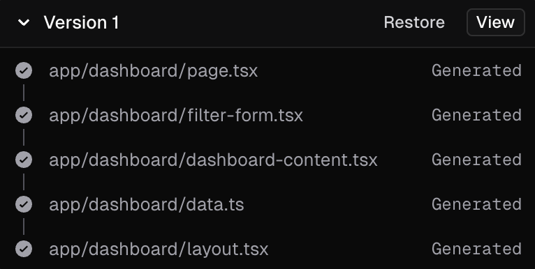 v0's version history — each chat iteration saved as a restorable version
