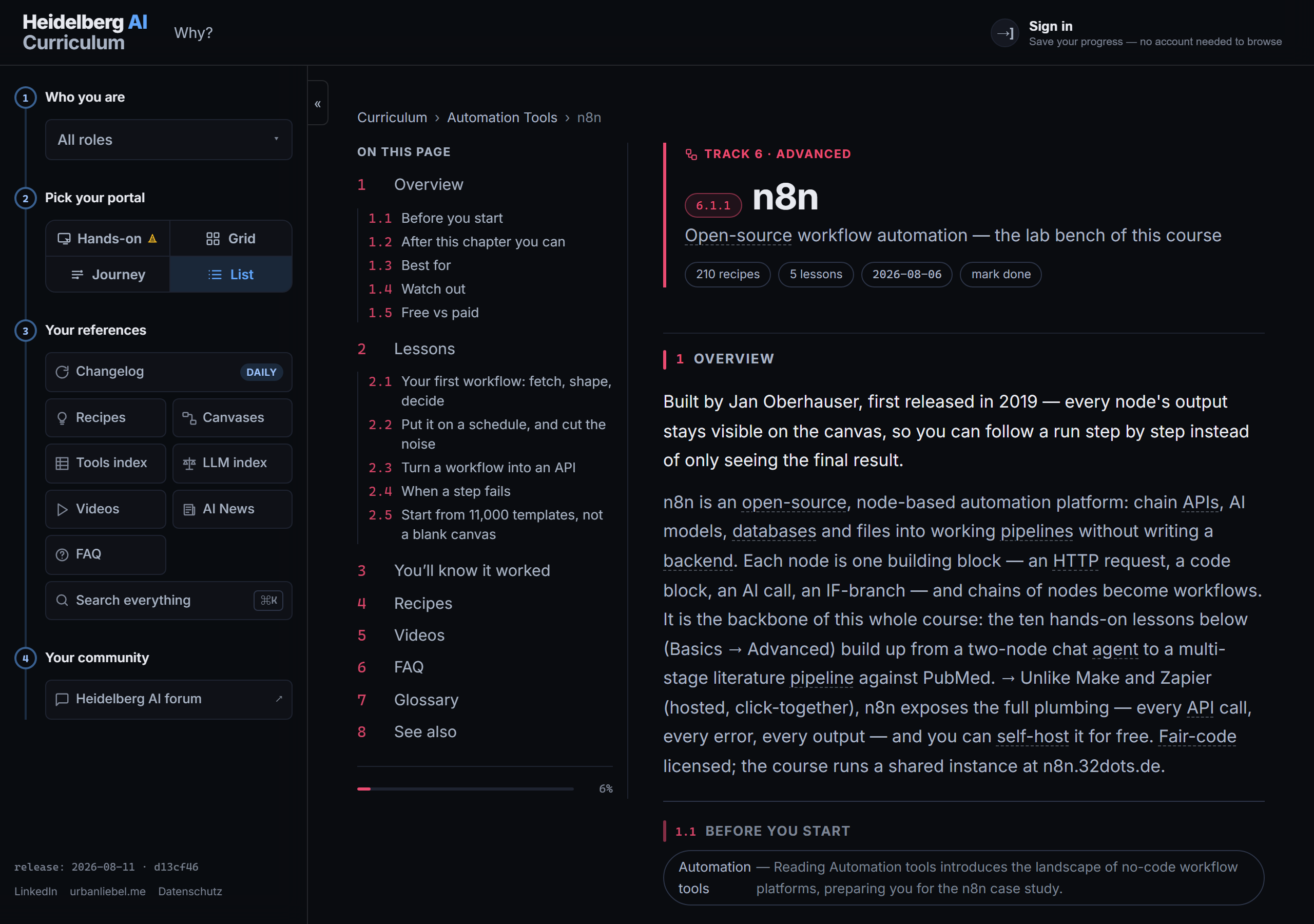 The n8n chapter page: breadcrumb, track and position, an On this page rail listing Overview and five lessons, and the chapter overview beside it.