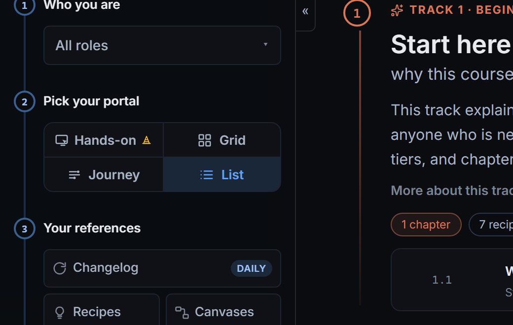 The "Who you are" role picker at the top of the course sidebar: one dropdown, currently on All roles, above the portal switcher.