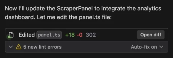 Cascade showing an edited file (panel.ts, +18 -0) with a '5 new lint errors' notice and 'Auto-fix on'