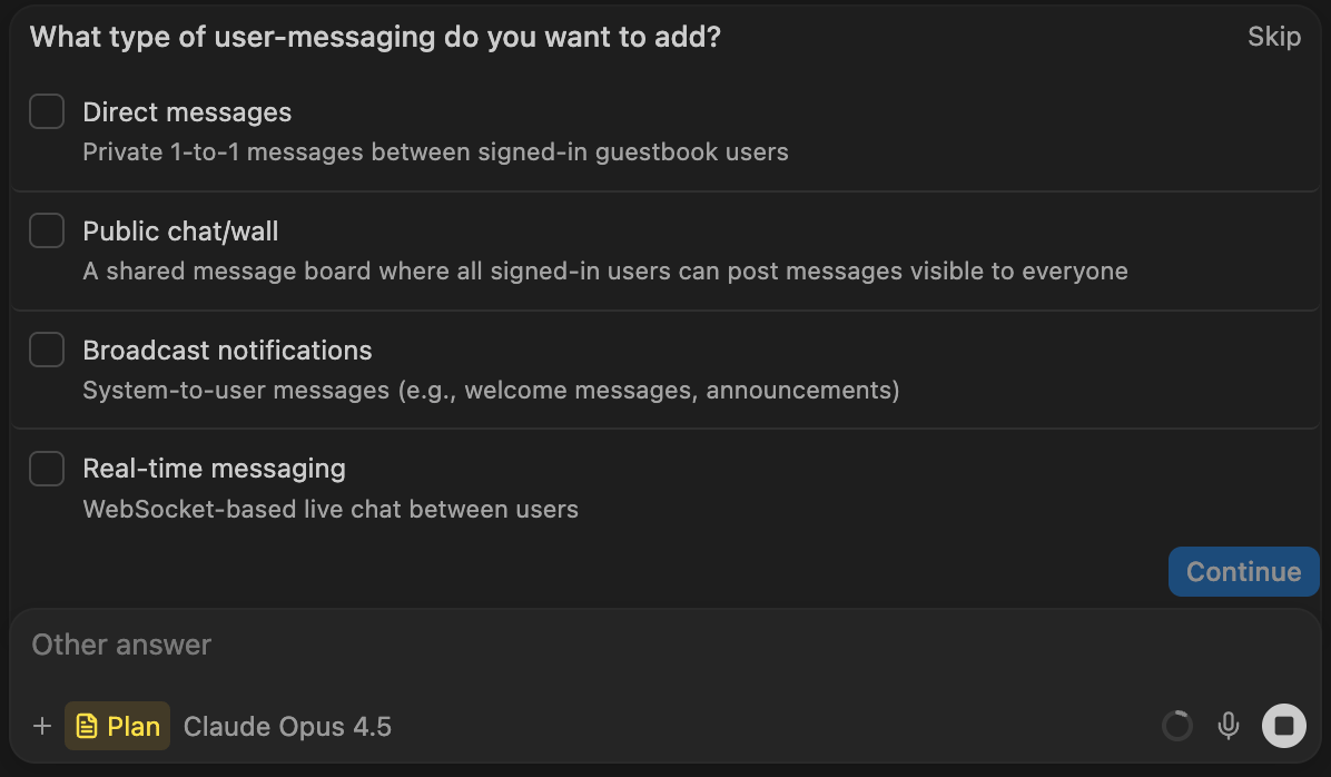 Cascade in Plan mode asking which messaging feature to add, with checkbox options.