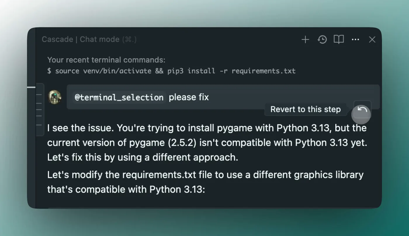 The Cascade chat panel in Devin Desktop (formerly Windsurf) showing a 'Revert to this step' tooltip over a revert-arrow icon next to an earlier prompt in the conversation